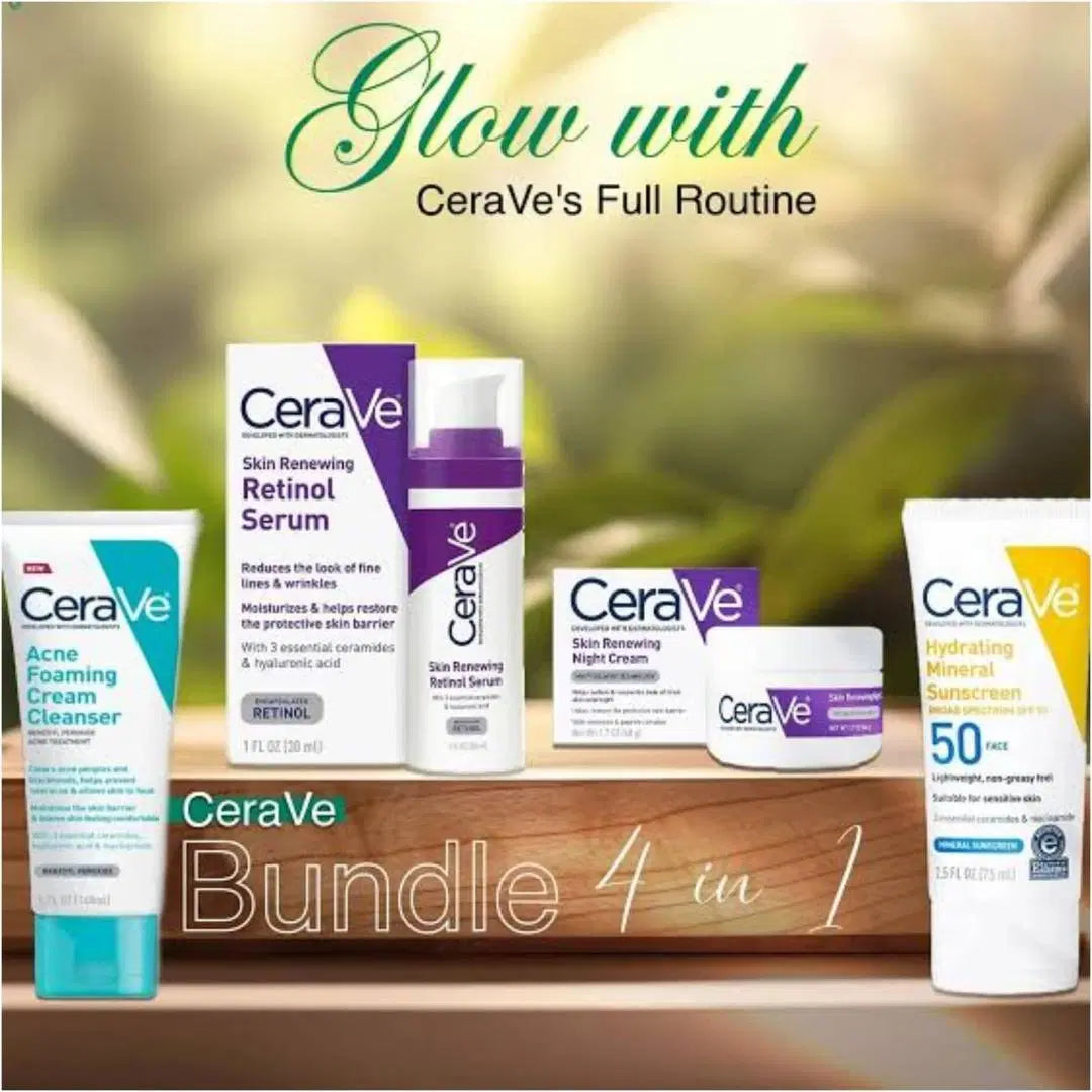 CeraVe Skincare Essentials Bundle – Cleanser, Night Cream, Serum & Sunblock (4 Pcs)