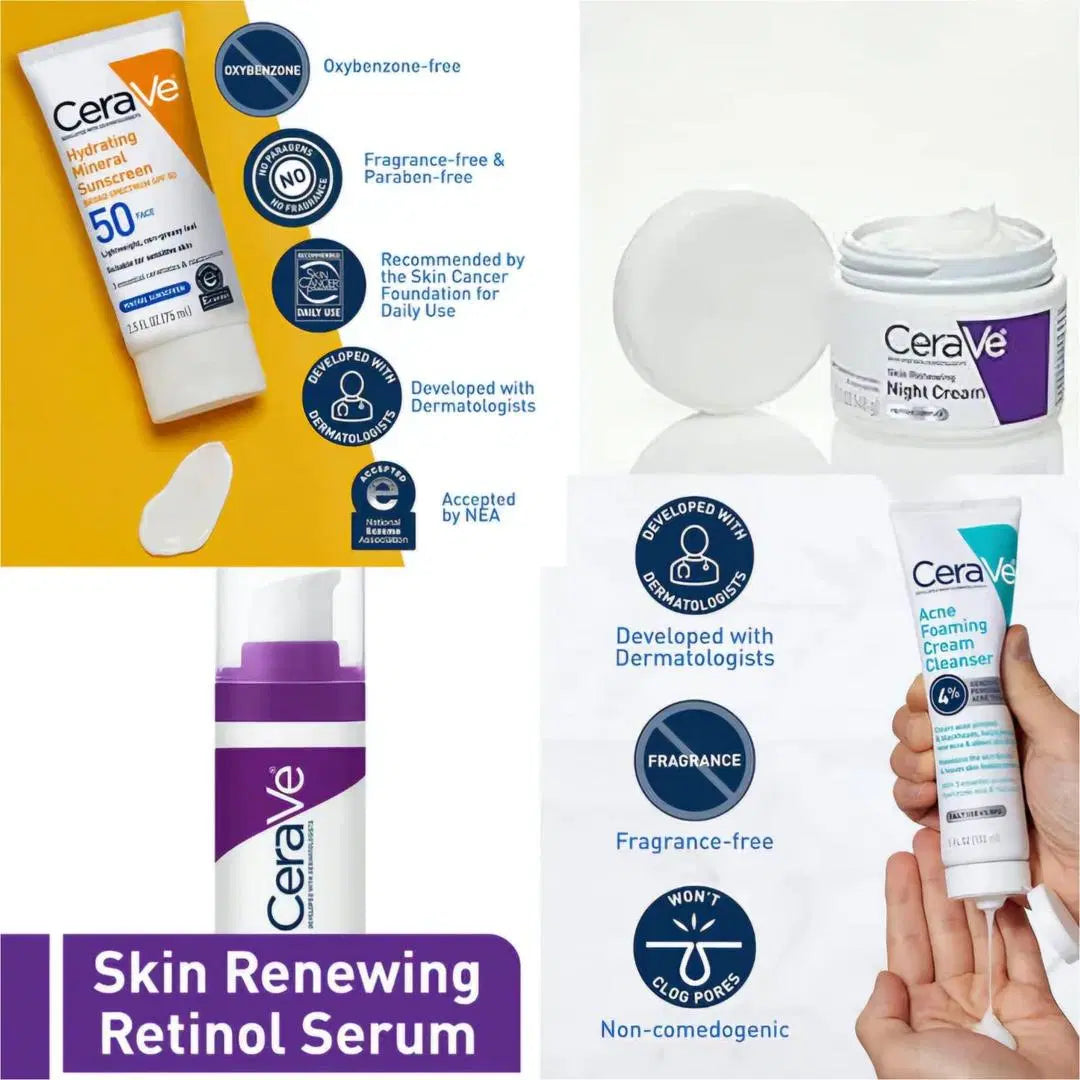 CeraVe Skincare Essentials Bundle – Cleanser, Night Cream, Serum & Sunblock (4 Pcs)