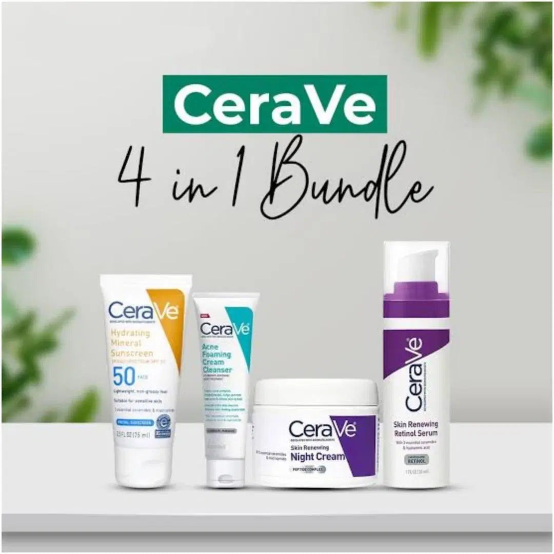 CeraVe Skincare Essentials Bundle – Cleanser, Night Cream, Serum & Sunblock (4 Pcs)